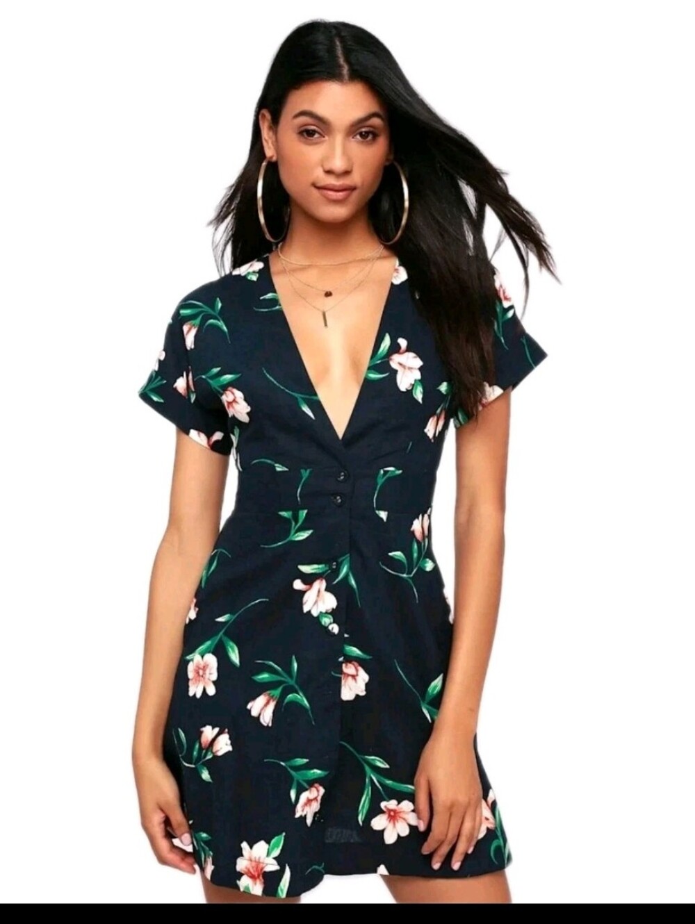NWT MOON RIVER Brisa Navy Blue Button-Up Floral Print Dress Women's Large